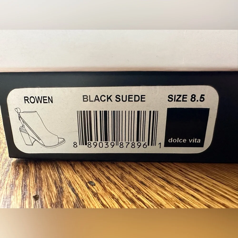 Dolce Vita Black Suede Leather Block Heel Ankle Booties Open Toe Size 8.5 in box - Picture 5 of 5